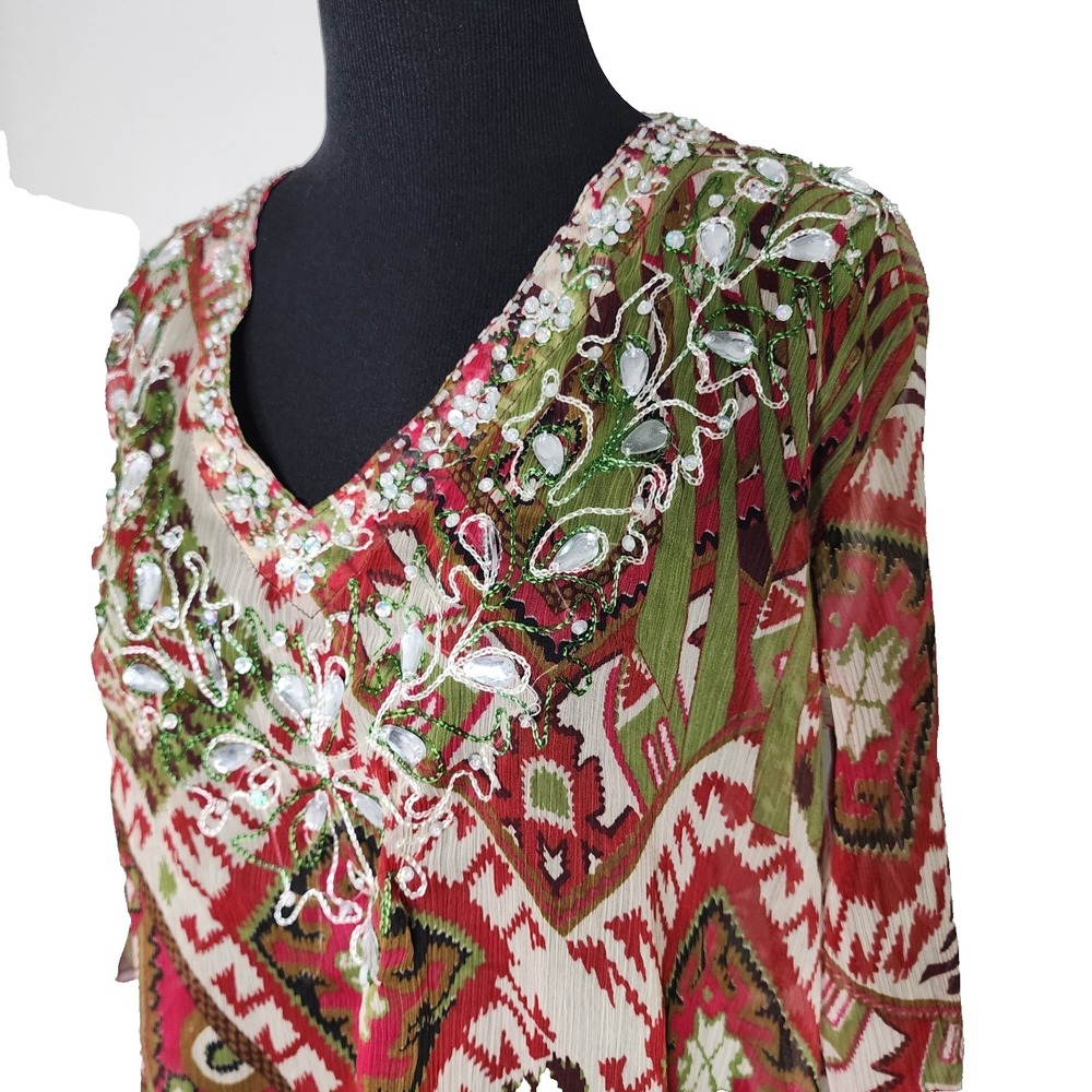 Multi-Color Beaded Viscose Semi-Sheer Peasant Blouse Size S/M Paisley Sequin - Picture 4 of 11